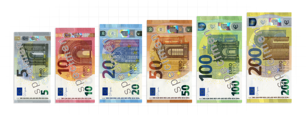 All six denominations of euro banknotes are displayed vertically next to each other. The banknotes are arranged in ascending order of size and denomination, from smallest [€5] to largest [€200].